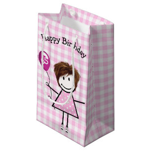 65th Birthday Stick Girl with Pink Balloon  Small Gift Bag