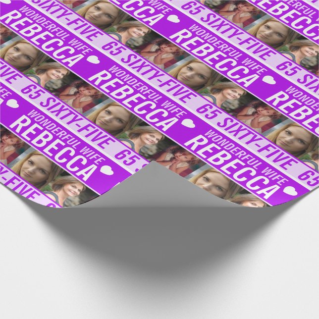 65th birthday three photos purple wonderful wife wrapping paper (Corner)