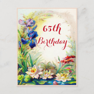 65th Birthday Vintage Waterlilies and Iris Flowers Invitation