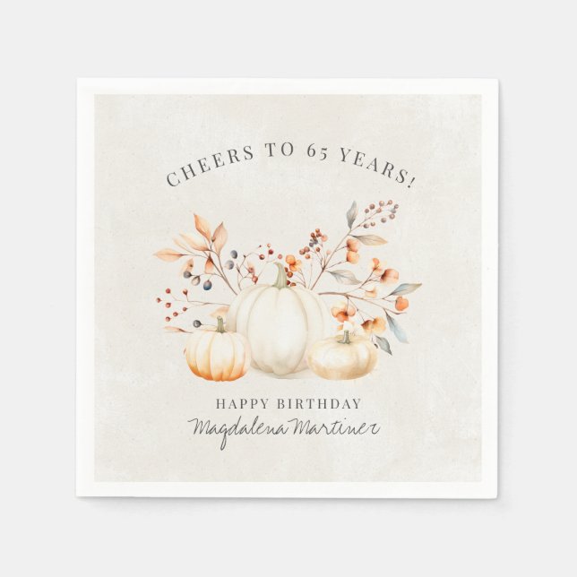 65th Birthday White Pumpkin Fall Leaves Custom Napkin (Front)
