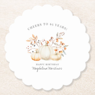 65th Birthday White Pumpkin Fall Leaves Custom Paper Coaster