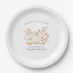 65th Birthday White Pumpkin Fall Leaves Custom Paper Plate