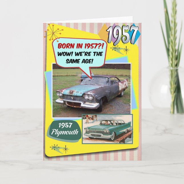 65th Birthday! Wow, same age as this 1957 Chevy! Card (Front)