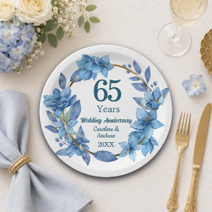 65th Floral Blue Sapphire Wedding Anniversary Paper Plate