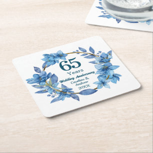 65th Floral Blue Sapphire Wedding Anniversary Square Paper Coaster