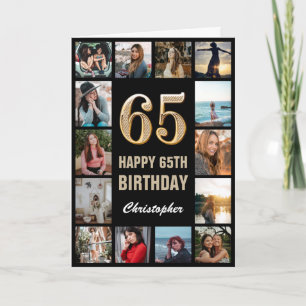 65th Happy Birthday Black and Gold Photo Collage Card