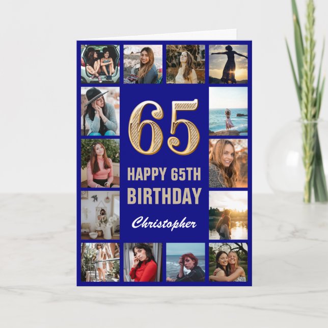 65th Happy Birthday Navy Blue & Gold Photo Collage Card (Front)