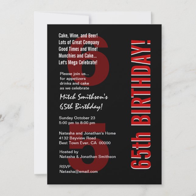 65th Modern Birthday Black White Red Template (Front)