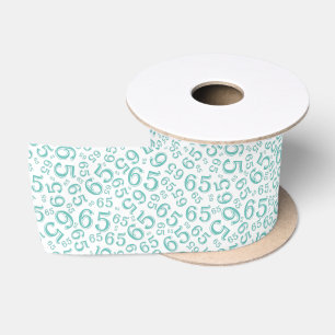 65th Modern Random Number Pattern Teal/White Satin Ribbon