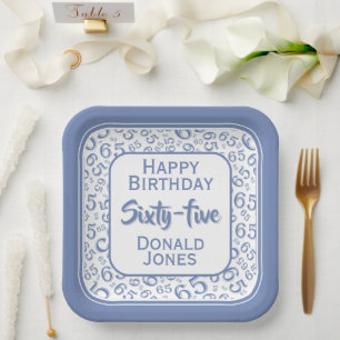 65th Party Random Number Pattern Blue/White Paper Plate