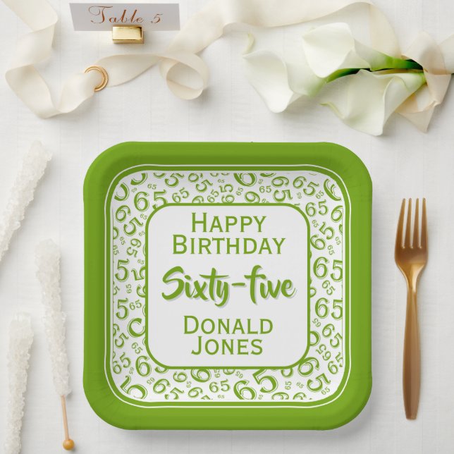 65th Party Random Number Pattern Green/White Paper Plate (Wedding)