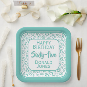 65th Party Random Number Pattern Green/White Paper Plate