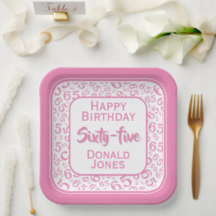 65th Party Random Number Pattern Pink/White Paper Plate