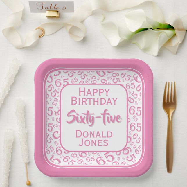 65th Party Random Number Pattern Pink/White Paper Plate (Wedding)