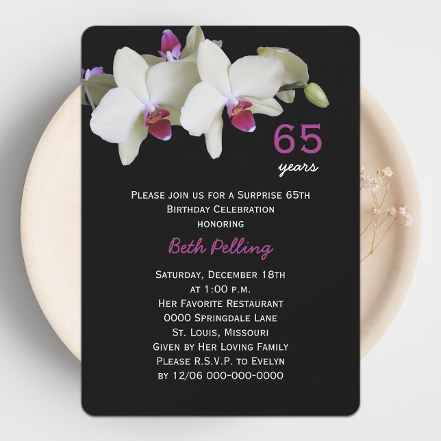 65th Surprise Birthday Party Floral Orchid Invitation (Creator Uploaded)