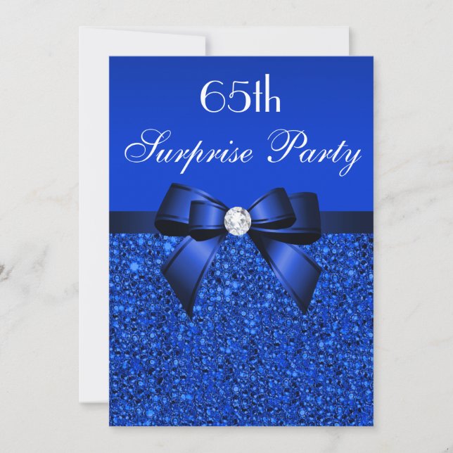 65th Surprise Party Royal Blue Sequins and Bow Invitation (Front)
