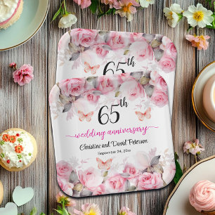 65th Wedding Anniversary Elegant Blush Roses Paper Plate