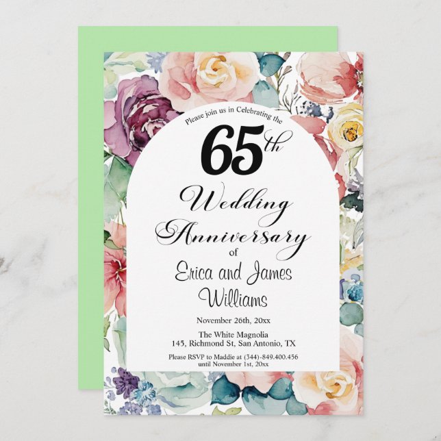 65th Wedding Anniversary Elegant Script Floral Invitation (Front/Back)