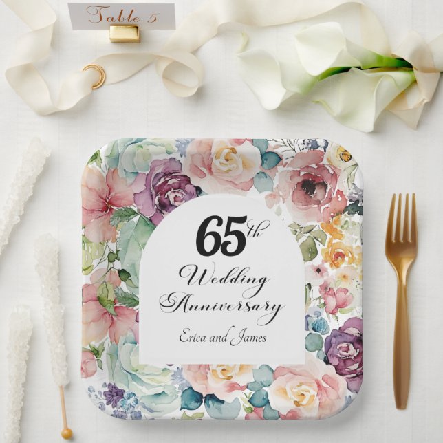 65th Wedding Anniversary Elegant Script Floral Paper Plate (Wedding)