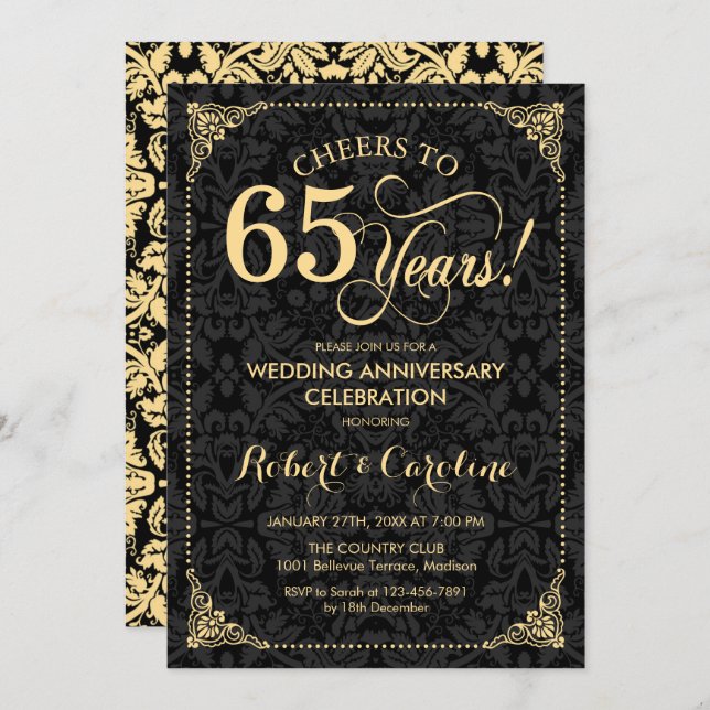 65th Wedding Anniversary - Gold Black Damask Invitation (Front/Back)