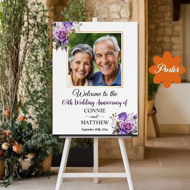 65th Wedding Anniversary Gold Frame Purple Roses Poster (Creator Uploaded)