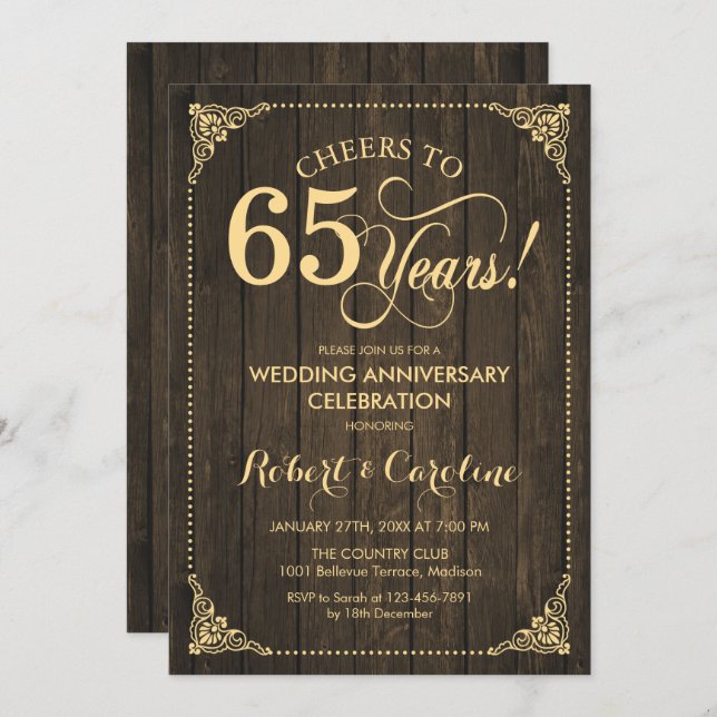 65th Wedding Anniversary - Gold Wood Invitation (Front/Back)