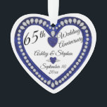 65th Wedding Anniversary Sapphire Diamond Keepsake Ornament<br><div class="desc">Elegant faux (printed) sapphire and diamonds 65th Wedding Anniversary keepsake ornament design by Holiday Hearts Designs (rights reserved). Template fields are provided for you to personalise with your names, anniversary and date. Font styles, sizes and positioning can be customised via the "Customise" button. As stated above, all effects (diamonds and...</div>