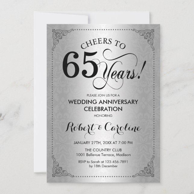65th Wedding Anniversary - Silver Black Damask Invitation (Front)