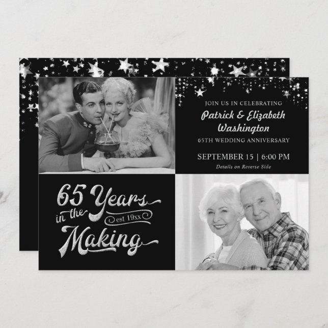 65th Wedding Anniversary Then & Now Photos Stars Invitation (Front/Back)