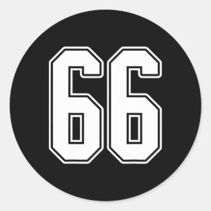 #66 White Outline Number 66 Sports Fan Jersey Styl Classic Round Sticker