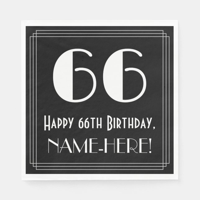 66th Birthday ~ Art Deco Inspired Look "66", Name Napkin (Front)