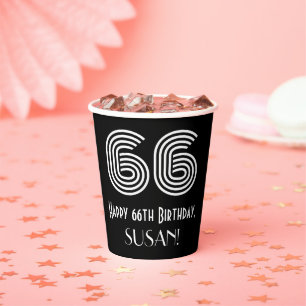 66th Birthday — Art Deco Inspired Look “66” + Name Paper Cups