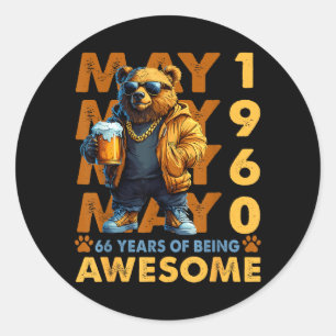 66th Birthday Bear Beer May 1960 Vintage 66 Years Classic Round Sticker