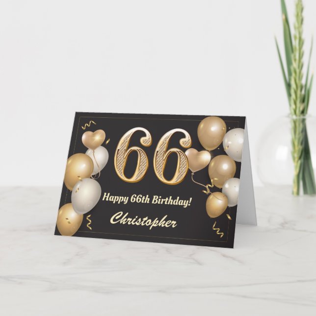 66th Birthday Black and Gold Balloons Birthday Card (Front)