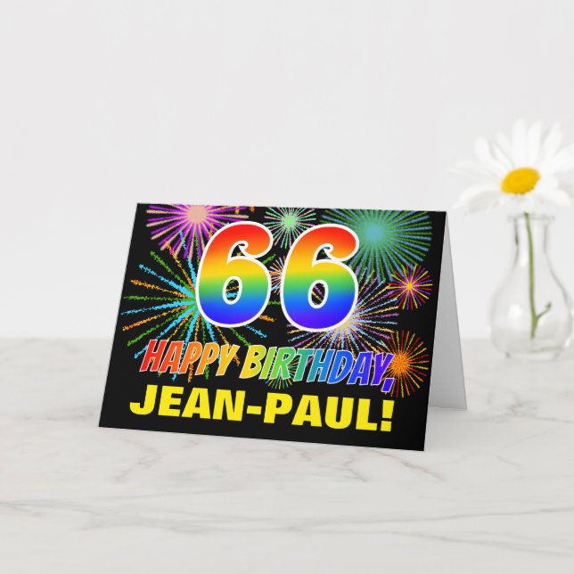 66th Birthday: Bold, Fun, Fireworks, Rainbow 66 Card (Small Plant)