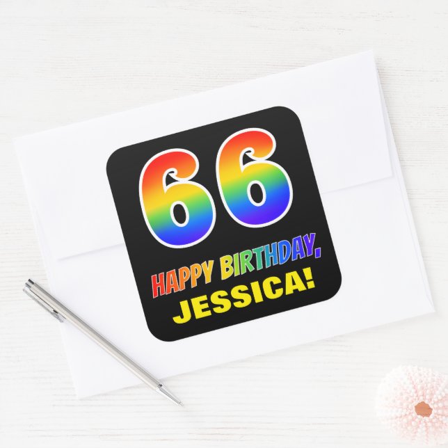 66th Birthday: Bold, Fun, Simple, Rainbow 66 Square Sticker (Envelope)