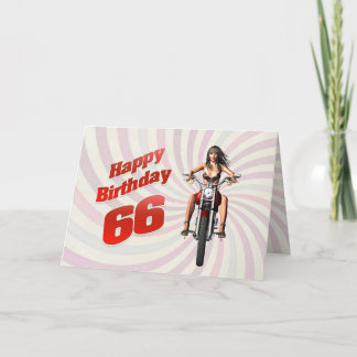 66th Birthday card with a motorbike girl