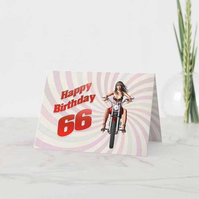 66th Birthday card with a motorbike girl (Front)