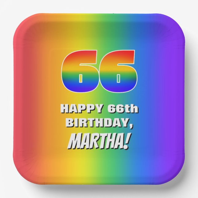 66th Birthday: Colourful, Fun Rainbow Pattern # 66 Paper Plate (Front)
