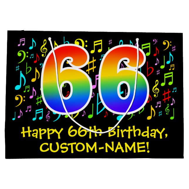 66th Birthday - Colourful Music Symbols, Rainbow 6 Large Gift Bag (Back)