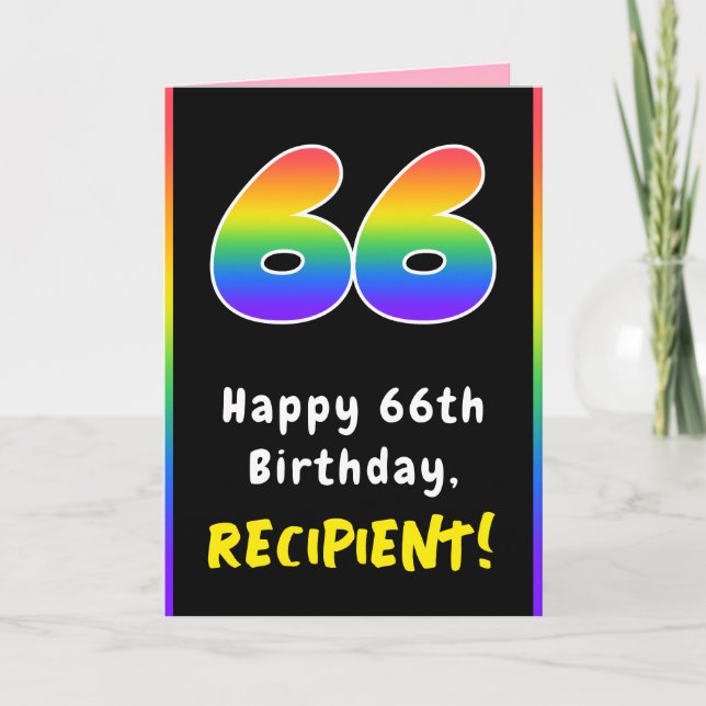 66th Birthday: Colourful Rainbow # 66, Custom Name Card (Front)
