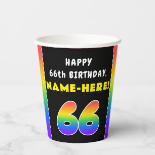 66th Birthday: Colourful Rainbow # 66, Custom Name Paper Cups