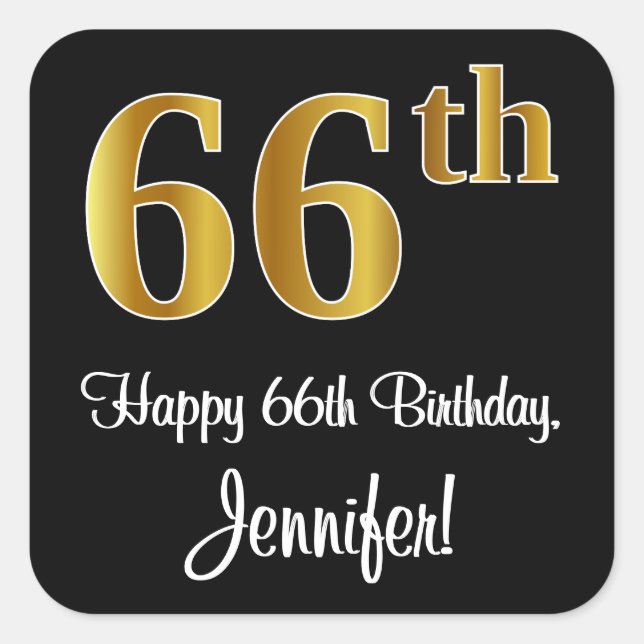 66th Birthday – Elegant Luxurious Faux Gold Look # Square Sticker (Front)