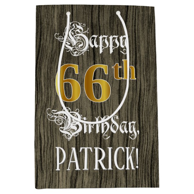 66th Birthday: Faux Gold Look & Faux Wood Pattern Medium Gift Bag (Front)