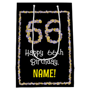 66th Birthday: Floral Flowers Number, Custom Name Medium Gift Bag