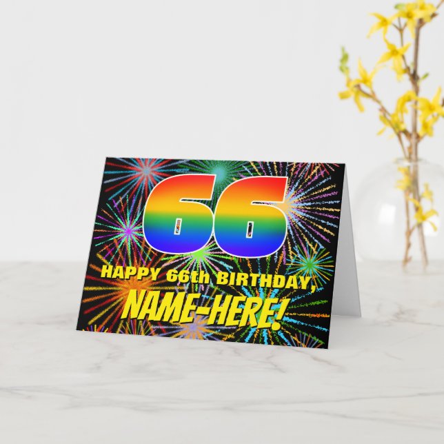 66th Birthday: Fun, Colourful Celebratory Firework Card (Yellow Flower)