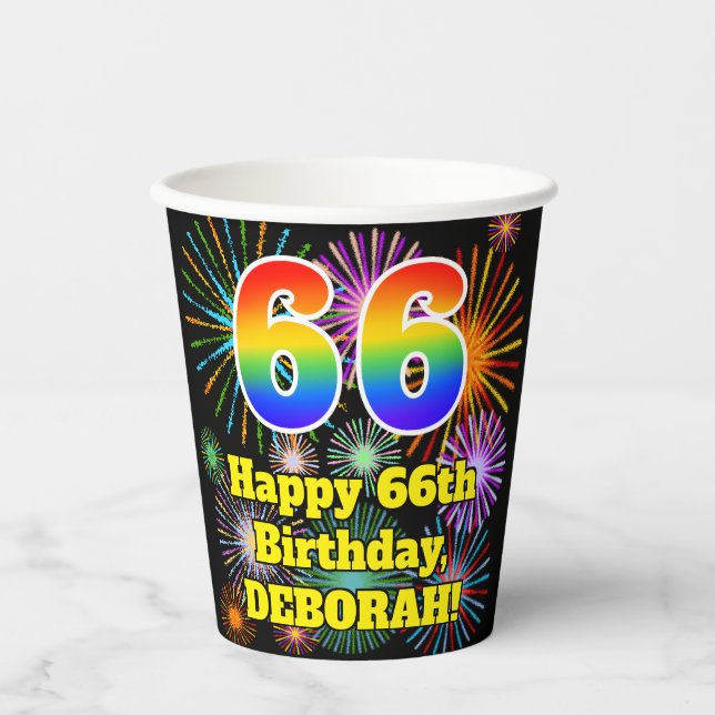 66th Birthday: Fun Fireworks Pattern + Rainbow 66 Paper Cups (Front)