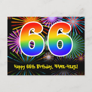 66th Birthday – Fun Fireworks Pattern + Rainbow 66 Postcard