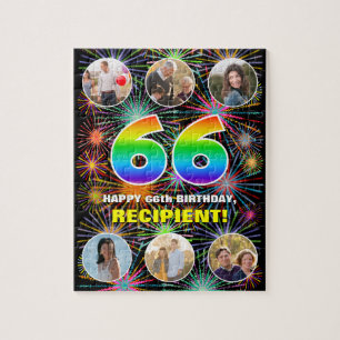 66th Birthday: Fun Rainbow #, Custom Name + Photos Jigsaw Puzzle