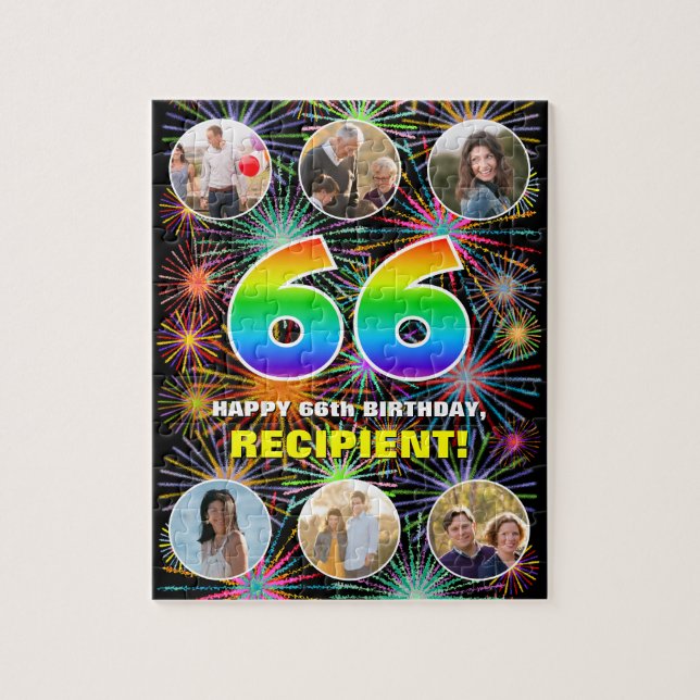 66th Birthday: Fun Rainbow #, Custom Name + Photos Jigsaw Puzzle (Vertical)